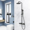 Ducha Casa Columna Ducha Termostática, Alcachofa Cuadrada Negro Mate, Altura de Barra Ajustable 735-1170mm, Ducha Lluvia para Baño