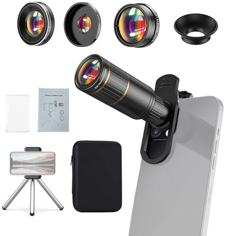Camnoon Juego de objetivos de teléfono 4 en 1 con teleobjetivo 22X, lente ojo de pez de 205°, lente gran angular 4K 0,67X, lente macro 25X, clip de lente, labio de teléfono y trípode para smartphones