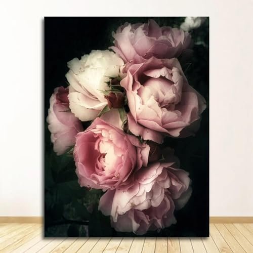 JACBON Posters And Prints Living Room Decor Vintage Poster Flowers Wall Art Canvas Print Pink Peony Floral Painting Picture 50x75cm（20x30inch InternalFrame