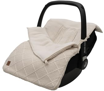 Jollein Fußsack Check Knit, Oatmeal - Für Babyschale Kinderautositz Gruppe 0+ und Kinderwagen - Für 3-Punkt- und 5-Punkt-Gurt - Strickmuster und Fleece Futter