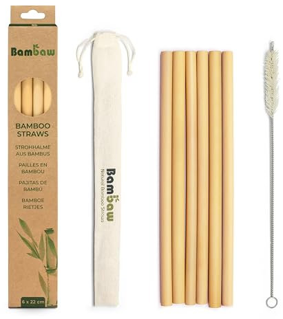 Bambaw Reusable Bamboo Drinking Straws, Reusable Straw, Strong & Durable, Cocktail Straws, Biodegradable Straws, Eco Friendly Straw, BPA Free, Dishwasher Safe, Pack of 6 Straws - 22 cm