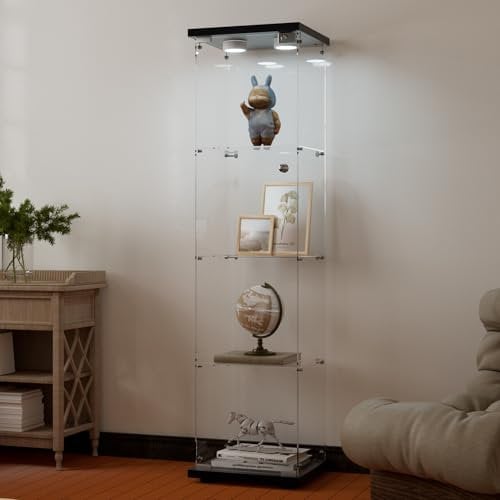 AUFHELLEN Glasvitrine Standvitrine mit LED in Schwarz, 164x42.5x36.5CM Modern Glas Vitrine Weißes Holzbrett mit 4 Böden aus ESG für Sammlerstücke Bücher Wein