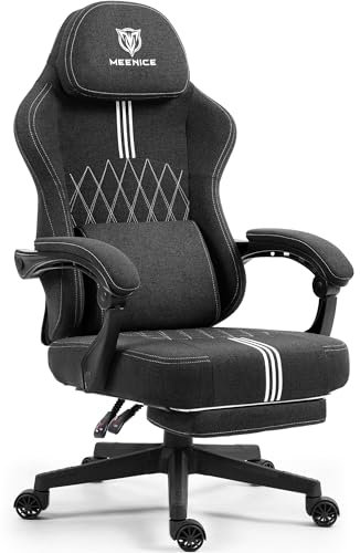 MEENICE Gaming Stuhl Stoff mit Taschenfederkissen und Kühlung Gel, Massage Gaming Sessel mit Fußstütze, Ergonomischer Game Stuhl Hohe Zurück für Erwachsene Black Weiß