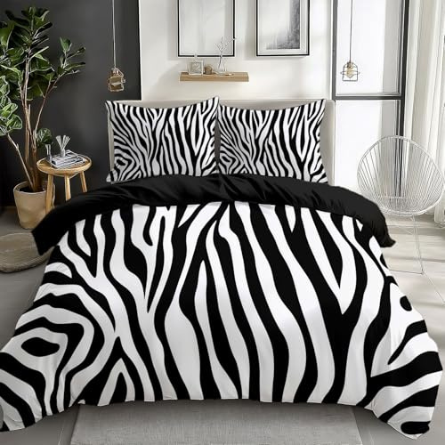 Generisch Bettwäsche 135x200cm Zebra Print Polyester Baumwolle Bettbezug 3 Teilig, Atmungsaktiv Hautfreundlich Bettwäsche Set mit Reißverschluss and 2 Kissenbezüge