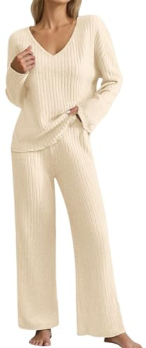 Hausanzug Damen Winter Lang Schlafanzug - Loungewear Pyjama Set Elegant Zweiteiler Gerippt Homewear Freizeitanzug V-Ausschnitt Oberteile Weite Hosen Sets Herbst Outfit Langarm Nachtwäsche Strickanzug