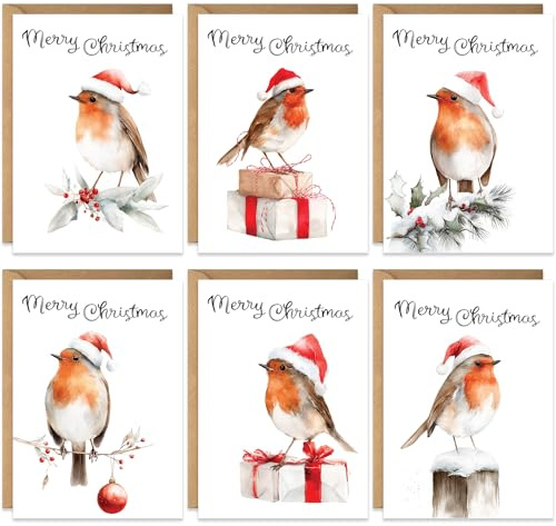 Traditional Christmas Cards Packs of 20, 6 Assorted Festive Winter Robin Watercolour, Eco-friendly and, Blank Inside with Envelopes, 2026 Xmas Multipack Bulk Set, For Friends Family