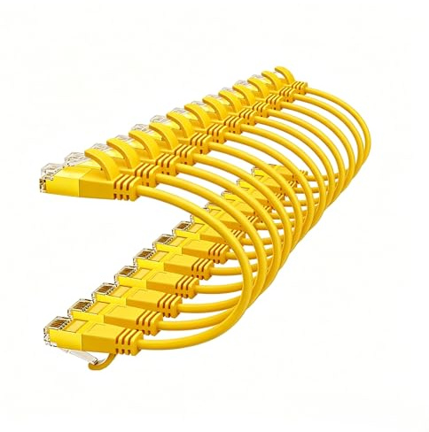 Werkybay Cable Ethernet & LAN CAT7 Ultrafino de 25cm, OD:3,8mm (Amarillo, 12 Unidades), Cable de red corto de 10Gbps, patchcable cobre RJ45, 0,25m para Servidores, Módem, panel, Switch, PC etc.