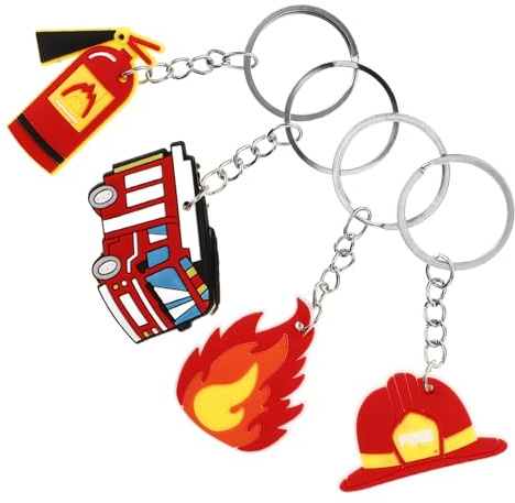 HOOTNEE 4 Stück Metall Feuerwehr Schlüsselanhänger mit Feuerwehrauto Helm Feuerlöscher und Löschschlauch Leichte Schlüssel Deko für Feuerwehr Fans Party Geschenk Schlüsselring Anhänger
