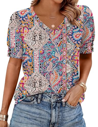 Rapbin Womens Short Sleeve Tops Buttons V Neck Ladies Blouse Fashion Dressy Shirts Loose Summer Outfits