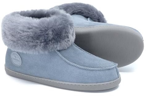 Vanuba Peppin Handmade Damen Hausschuhe, Naturleder, 100% Schafwolle, Warme und Bequeme Hausschuhe, Leder Grau/Grau, 41 EU