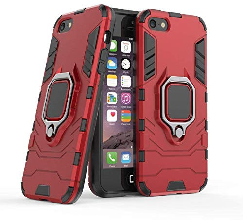 Compatible with iPhone 5 5S SE Case, Metal Ring Grip Kickstand Shockproof Hard Bumper (Works with Magnetic Car Mount) Dual Layer Rugged Cover for Apple iPhone 5, iPhone 5S, iPhone SE (Red)