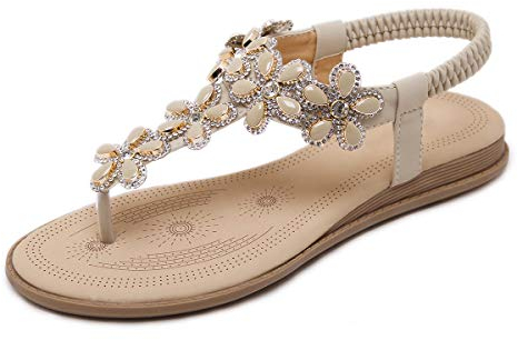 iCKER Women's Flat Sandals Ladies Thong Flat Sandals Bohemian Beaded Strap Sandals Diamante Rhinestone Leather Sandals, 4UK(label size 38), Apricot