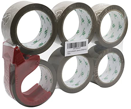 BOMEI PACK 6 Rolls with 1 Dispenser No Bubble Brown Secure and Sticky Packing Tape,Heavy Duty Packaging Tape for Moving, Parcels Sealing, Shipping,45mic x 48mm x 66m