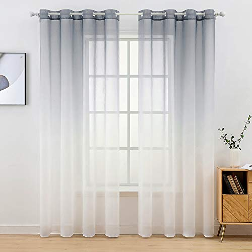 MIULEE Gardinen Transparent Vorhänge Farbverlauf Voile Sheer 2er Set Vorhang mit Ösen Dekoschal Fensterschal für Schlafzimmer und Wohnzimmer 260 cm x 140 cm(H x B) Grau-weiß