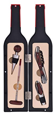 LAGUIOLE - Coffret de Collection Vin, 4 Accessoires, Tire-Bouchon, Bouchon, Thermomètre, Bec Verseur avec Bouchon, Pakka et Acier Inoxydable, Noir