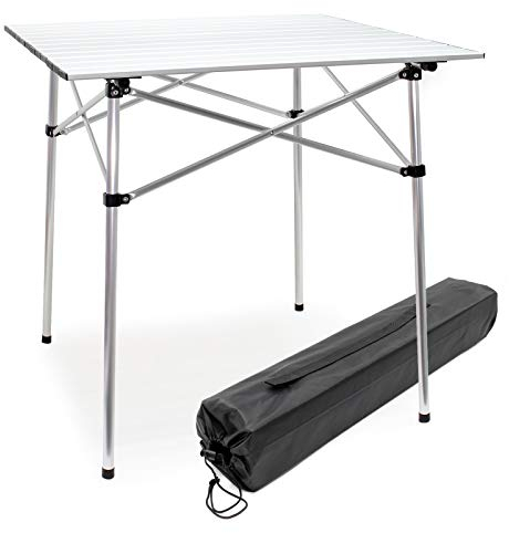 WilTec Table de Camping Pliante, 700 x 690 x 690 mm, Table Portable Blanche en alu, avec Dessus Enroulable et Sac, BBQ, fêtes, Barbecue, Pique-Nique