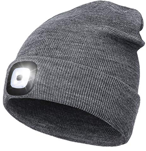 Rechargeable LED Lighted Beanie, Perfect Dad Gifts in Christmas, Stocking Fillers Cap with Light Hands Free Head Torch Unisex Winter Warm Knit Beanie Grey