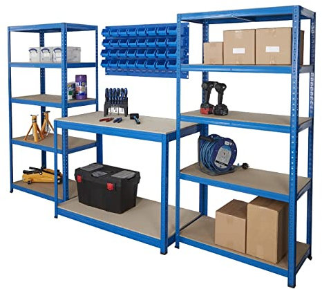 BiGDUG Garage Storage Kit - Workshop Shed Shelving and Workbench Set - 2x Shelving Bays (1780H x 900W x 450D mm), 1x Workbench (900H x 1200W x 600D mm), 1x Louvre Panel Kit with 36x Plastic Parts Bins