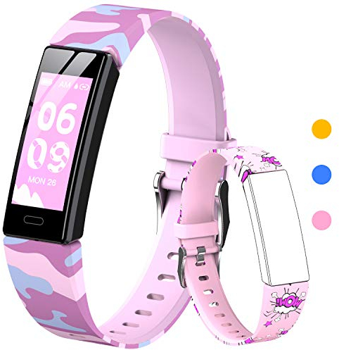 HOFIT Pulsera Actividad para Niños, Reloj Inteligente con Podómetros, Monitor de Frecuencia Cardíaca y Sueño, Cronómetro, Ip68 Resistente Pulsera Deportiva, Smartwatch con 2 Pulseras (Rosado-A)