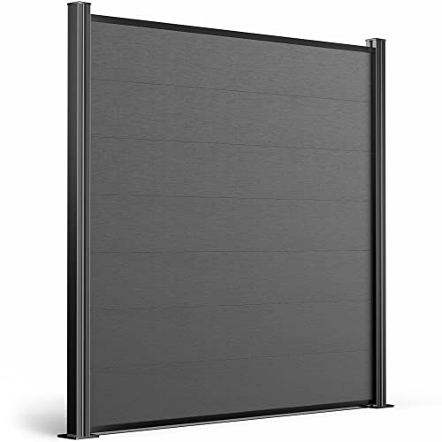 WPC-Zaun I Sichtschutz-Zaun, Steckzaun, Gartenzaun Komplettset I beidseitig glatt I Alu Pfosten Stein Grau (Pfosten zum Einbetonieren, 3Element 4Pfosten)