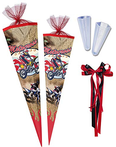 Nestler Schultüten-Set zum Befüllen, Handgemachte Zuckertüte aus Karton - Motiv Motocross, inkl. Spitzenschutz, Schleife (70 cm rund mit LED)