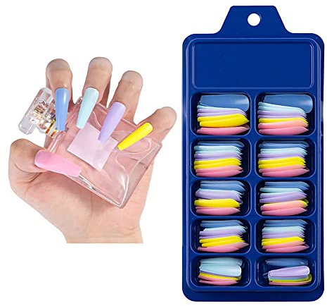 Amni 100 x Natural Look False Nail Tips 10 Sizes Matte Full Cover Long Stiletto/Pointy Fake Nails Art Manicure UK (MULTI BLUE YELLOW NAILS)