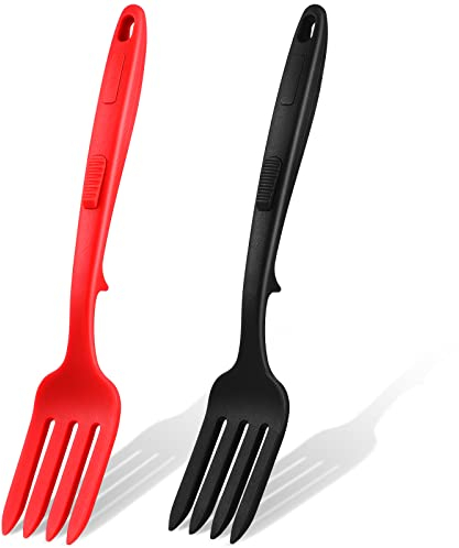Mixweer 2 Pcs Silicone Flexible Fork 11.6 Inch Silicone Heat Resistant Cooking Fork Large Kitchen Non Stick Spork Ultimate for Mix Ingredients, Mash Food, Whisk Eggs, Baking(Red, Black)