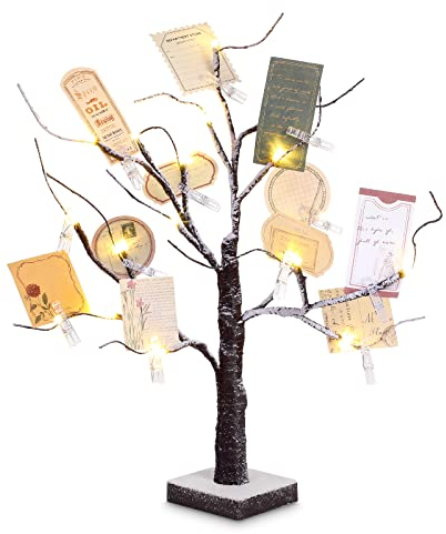 Coume Money Tree Gift Card Holder LED Birch Twig Tree Lights Tabletop Gold Silver Display Money Tree with 15 Clear Clips for Money Wedding Card Photo Birthday Card Holder(Snow Style)