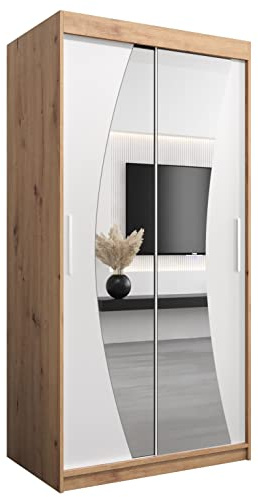 MEBLE KRYSPOL Wave 100 Schlafzimmerschrank mit Zwei Schiebetüren, Spiegel, Kleiderstange und Regalen – 100x200x62cm - Artisan + Mattweiß
