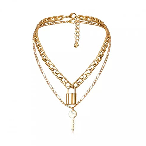 Collier Femmes Vintage Multicouche Cadenas Collier Ras du Cou Couleur Or Serrure clé Pendentif Bijoux Pendentif Collier pour Femmes