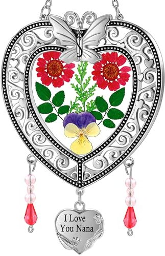 KY&BOSAM Herz-Sonnenfänger I Love You Nana Baum des Lebens Buntglasscheiben zum Aufhängen für Fenster, Windspiel, Haus, Garten, Außendekoration, mit gepresstem echten Blumenherz im Glas,