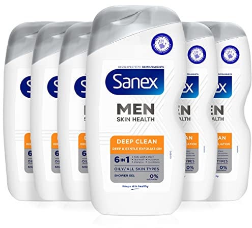 Sanex Men Skin Health Deep Clean Shower Gel 400ml x 6 - oily skin men’s body wash - reduces oil - removes dirt - gently exfoliates - protects from pollution - 6-in-1 benefits - dermatologically tested