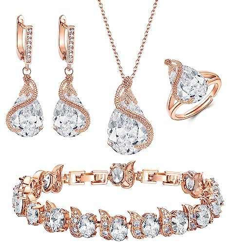 Ever Faith Women's Jewelry Set Bridal Jewellery Sparkly Cubic Zirconia Teardrop Necklace Earring Bracelet Ring Sets for Women Birthday Gifts 4 PCS Clear Rose Gold-Tone