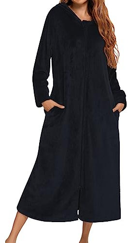 Vestaglia lunga da donna con chiusura lampo in pile felpato, morbido accappatoio con cappuccio, vestaglia in flanella, invernale, calda, da notte, pigiama, comoda biancheria da notte, O nero., XXL
