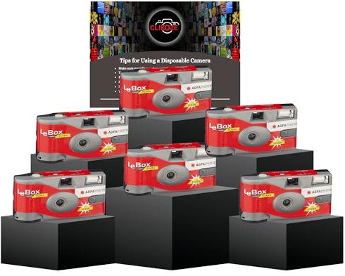 Disposable Cameras Multipack - Includes 6 AgfaPhoto LeBox Disposable Camera Single-Use Film Cameras with 27 Exposures and Clikoze Disposable Photography Tips Card