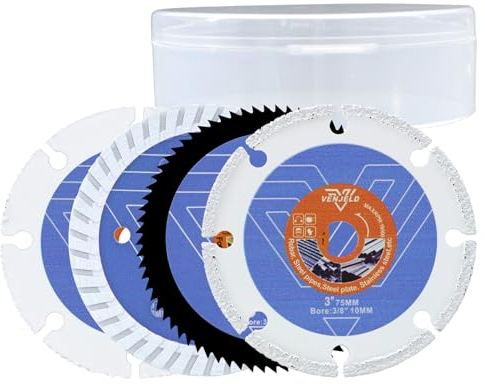 VENJELD 3 Inch /75mm Saw Blade Set - 4pc Concrete, Wood, Metal & HSS Blades with 10mm Arbor