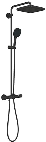 GROHE Vitalio Comfort 250 Colonne de Douche avec Mitigeur Thermostatique, Douche de Tête Carrée 25cm 1 Jet, Douchette Carrée 11cm 2 jets, Flexible 1,75m, Economie d'Eau, Noir Mat, 266972431
