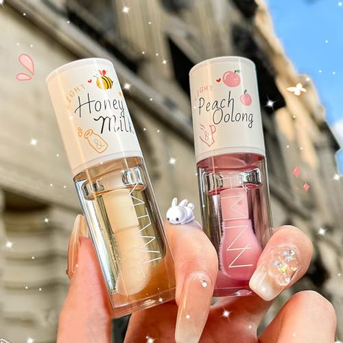 2Pcs Crystal Jelly Moisturizing Lip Oil Set, Long Lasting Plumping Lip Gloss Transparent Hydrating Lip Glow Oil, No-Sticky Toot Lip Balm Honey & Peach Liquid Lipstick Lip Care Tools