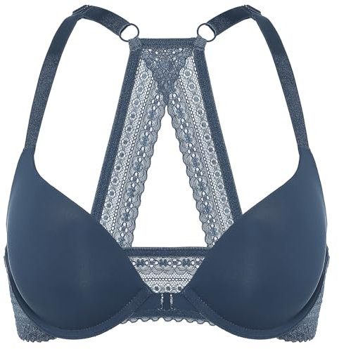 DOBREVA Damen Vorderverschluss Push Up BH mit Bügel Soft T Shirt Tiefen Ausschnitt BHS Neckholder Gepolsterter Sargasso 85C