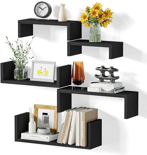 SRIWATANA Black Floating Wall Shelves Set of 5, Wooden Shelves for Wall Decor, Display Shelves Book Shelf for Living room, Kitchen, Bathroom, Bedroom Wall Mounted