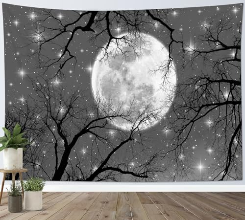 LB Wandteppich Mond Wandtuch Helle Sterne Schwarzer Baum Wandbehang Grauer Nachthimmel Szenerie Tapisserie für Wohnzimmer Schlafzimmer Wohnheim Wanddeko,200x150cm