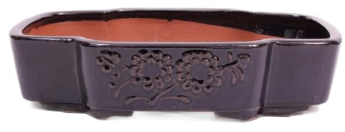 generisch Bonsai - Schale eckig 37.5 x 30 x 9 cm, mit Relief, dunkelblau, handgemacht, frostfest 40416