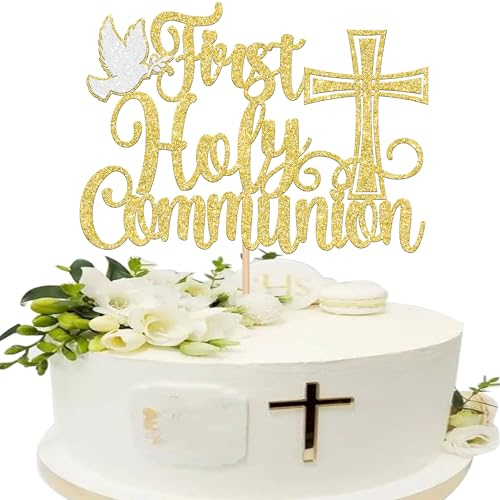 SYKYCTCY 1 Pack First Holy Communion Cake Topper Glitter Peace Pigeon Cross Religious Cake Picks God Bless Cake Decorations for Baptism Theme Baby Shower Birthday Party Decoration Supplies