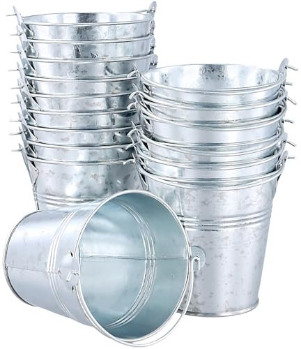 TAICHEUT 16 PCS 10x8x7cm Galvanised Mini Metal Buckets with Handles, Small Metal Tin Pails for Plant, Snacks, Decoration