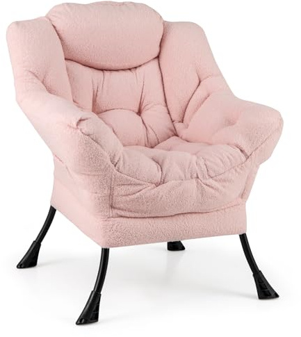 COSTWAY Armchair Accent Chair, Sherpa Upholstered Lounge Armchair Leisure Sofa Chair with Side Pocket, Metal Frame Lazy Comfy Seat Reading Chairs for Living Room Bedroom (without Footstool, Pink)
