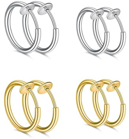 Bkemkri 4 Paires Boucles D'oreilles Clips en Acier Inoxydable, 8mm 10mm Faux Cerceau de Boucle Oreille Rétractable Anneaux de Nez, Faux Anneau Cartilage Non Piercing Bijoux pour Femmes ou Hommes