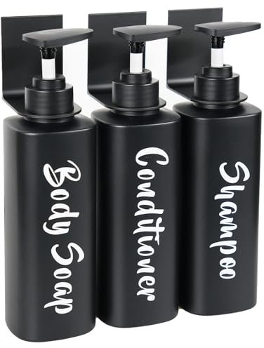 ILIKEPOW 3 Stück Seifenspender wandbefestigung, 500 ml Shampoo Flaschen zum Befüllen, Spülmittelspender Ohne Bohren, Handseifenspender, Duschgel Spender, Schwarz Pumpspender für Küche Bad