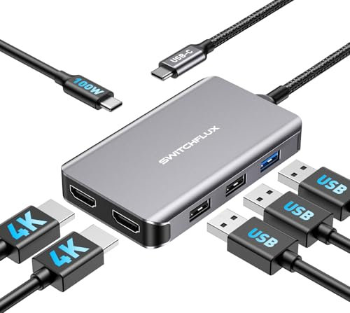 SWITCHFLUX USB C Docking Station Dual Monitors Adapter,6 in 1 USB C Hub for Dual 4K HDMI Display,USB C Hub with 2×HDMI,3×USB Port,100WPD Compatible for MacBook Air/Pro,Dell XPS,and More