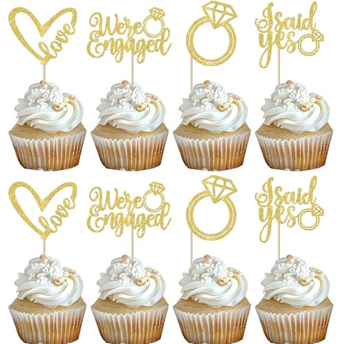 Xsstarmi 24 Pack We're Engaged Cupcake Toppers Diamond Ring Glitter Sweet Heart Love She Said Yes Cupcake Picks for Wedding Engagement Bridal Shower Theme Party Cake Decorations Supplies Gold