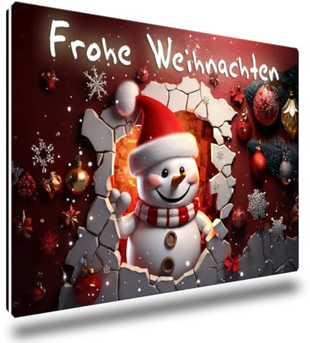 TRIOSK Kühlschrankmagnete 3D Illusion Magnet Schneemann mit Spruch Frohe Weihnachten Weihnachtsmagnet Schneemannmotiv Geschenk lustig für Kühlschrank stark eckig groß 85x55 mm